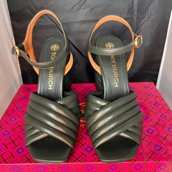TORY BURCH Kira Quilted Block Heel Dark Seaweed Sandals size 8.5 - Picture 4 of 11